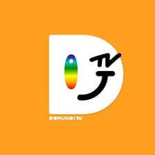 Brand logo on an orange background: a white rounded square containing a rainbow oval and a black stylized symbol, indicating a TV channel or brand mark.