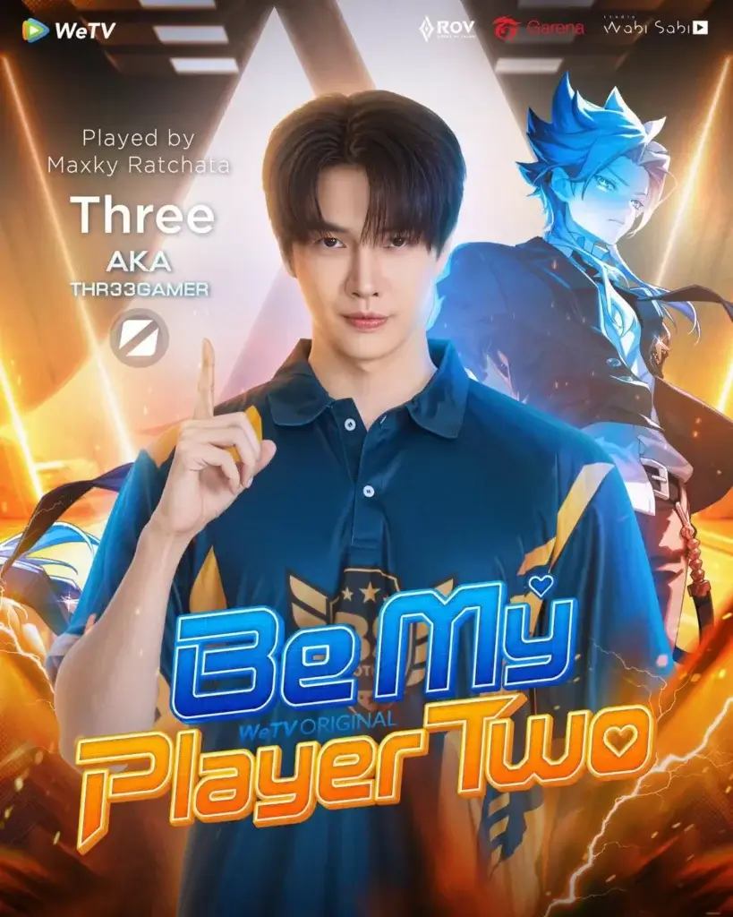 Promotional poster for BeMy Player Two featuring a man in a blue polo pointing, with a blue-haired anime character behind and the neon title BeMy Player Two across the bottom.