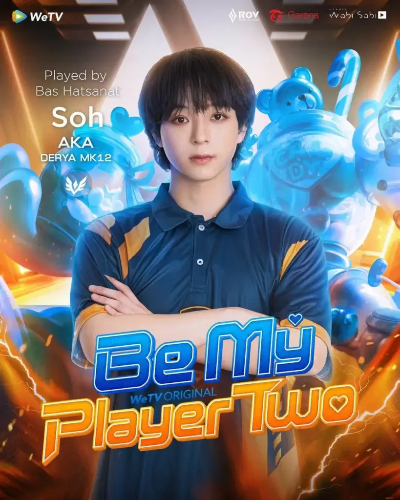 Promotional poster for Be My Player Two, showing a young person with arms crossed in a blue polo against a neon blue/orange game-themed background.