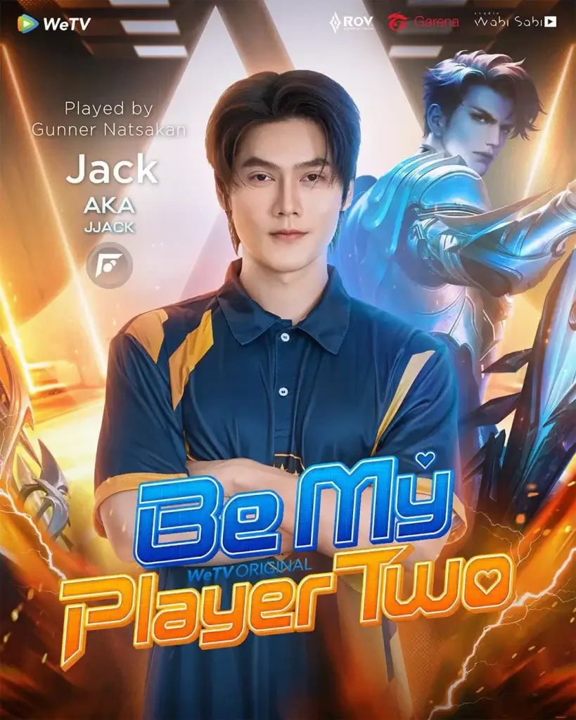 Promotional poster of a man in a blue and yellow polo with arms crossed, neon game background, title 'Be My Player Two'.