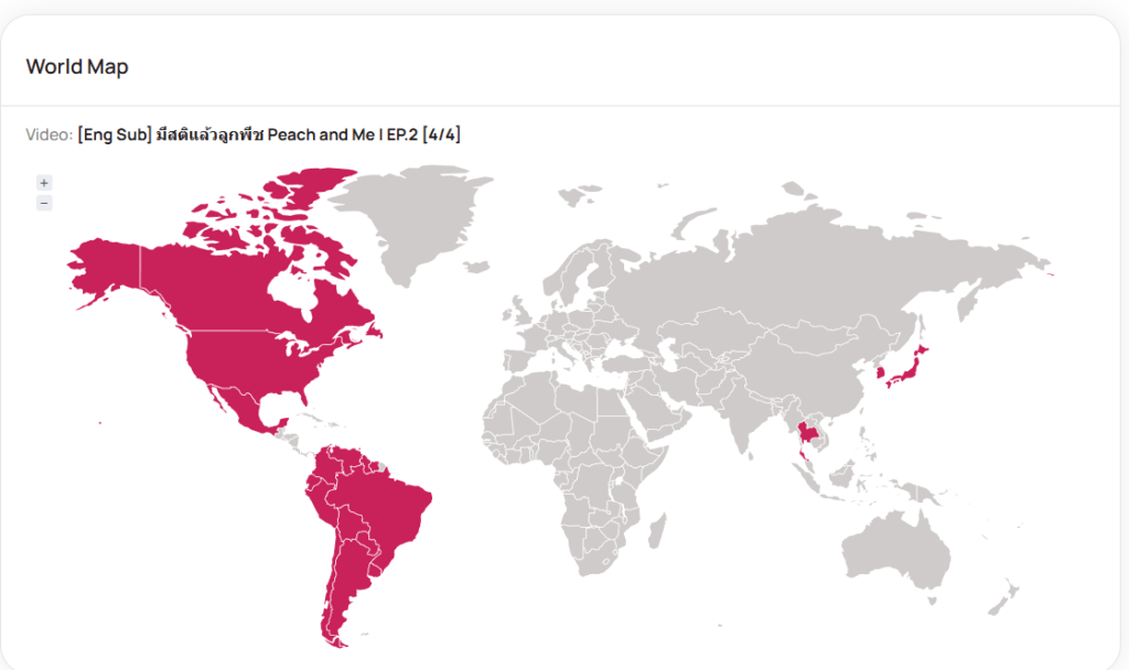 World map with several countries shaded magenta to indicate selection, including the United States, Canada, much of Central and South America, and Japan on the Asian side.