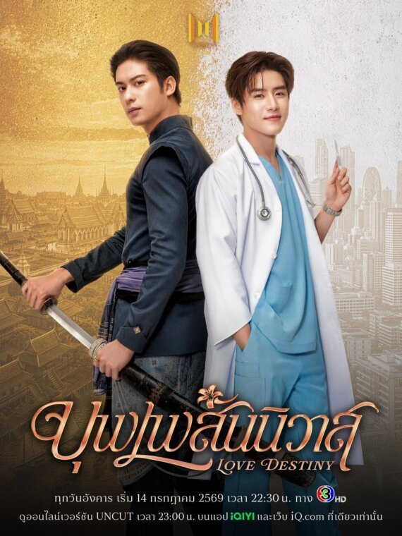 Two men back-to-back: a swordsman and a doctor on a gold-toned city backdrop, poster for Love Destiny.