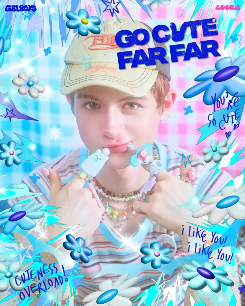 Playful portrait of a young person wearing a beige cap, surrounded by blue graphics and the bold text 'GO CUTE FAR FAR' in a colorful collage.