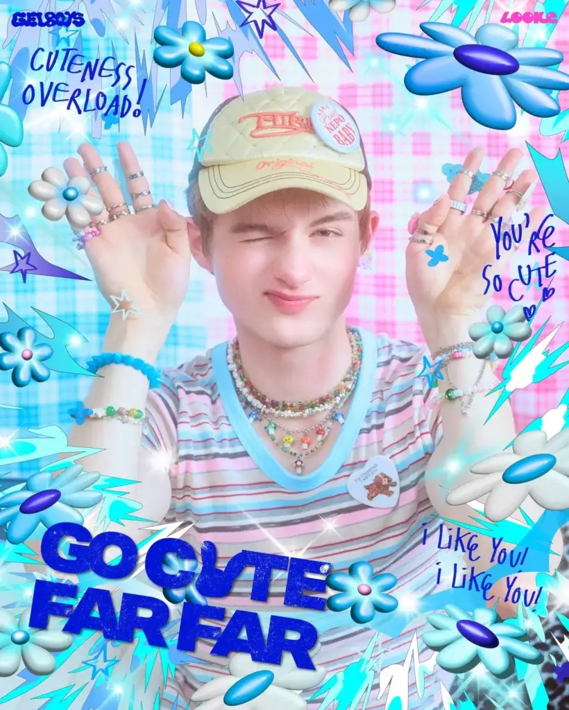 A person in a striped shirt and cap at the center, hands raised, surrounded by blue flowers and bold blue captions on a bright, patterned background.