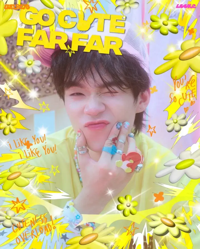 Close-up of a young person making a playful face, surrounded by neon yellow Comic‑style decorations and 'Go Cute Far' text.