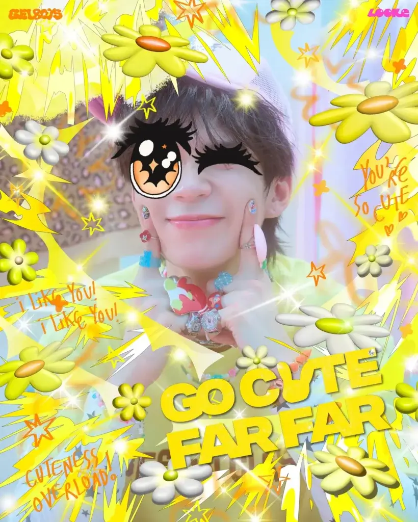 Playful edited photo of a smiling child with cartoon eyes overlay, surrounded by yellow starbursts and flowers plus 'I Like You'/'Go Cheer' text.