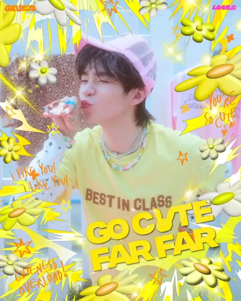 Young person wearing a pink mesh cap blowing a kiss, surrounded by bright yellow comic-book bursts and bold text like 'BEST IN CLASS'.