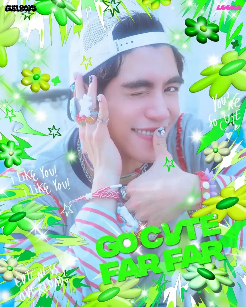 Young person wearing a white cap, smiling and winking, surrounded by bright neon green decorative shapes and stars in a playful collage.