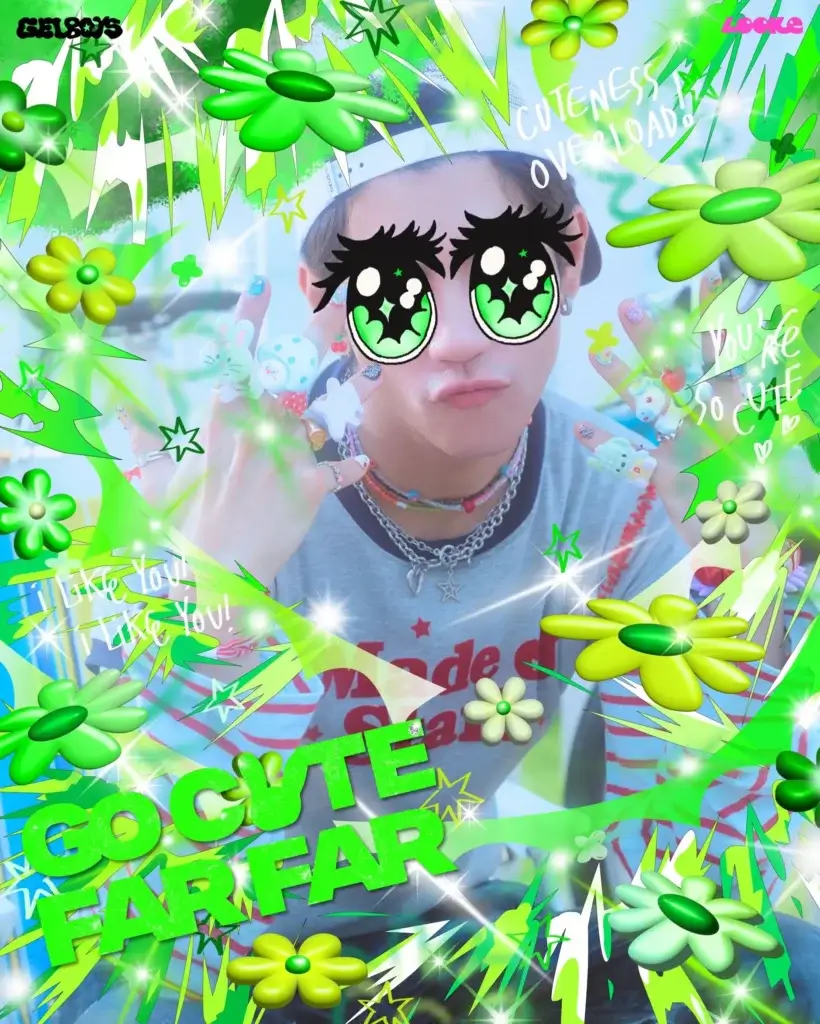 Person making a duck face in the center with huge cartoon eyes overlaid, surrounded by neon green flowers, stars, and sparkles in a chaotic collage aesthetic.