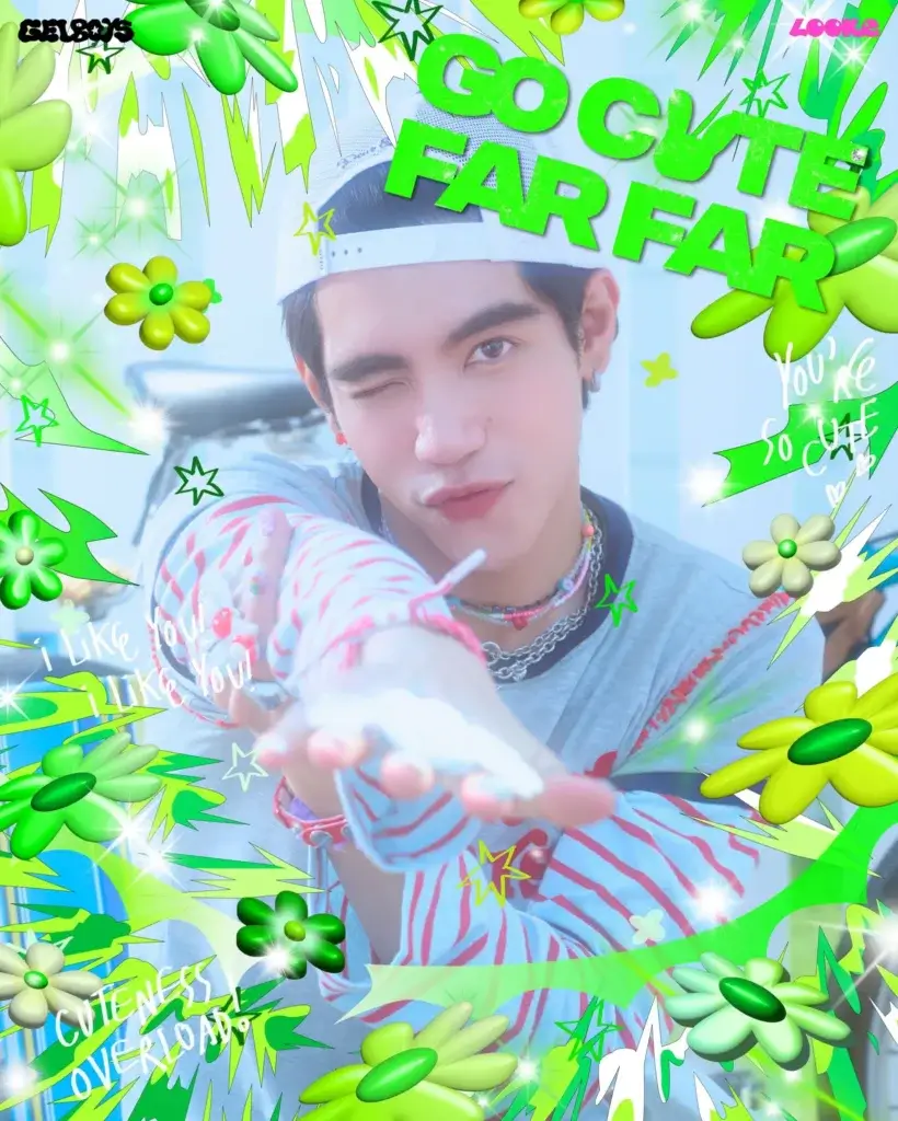 Selfie of a young man winking, overlaid with bright neon green graffiti-style text and playful green decorations (stars, flowers) all around the frame.