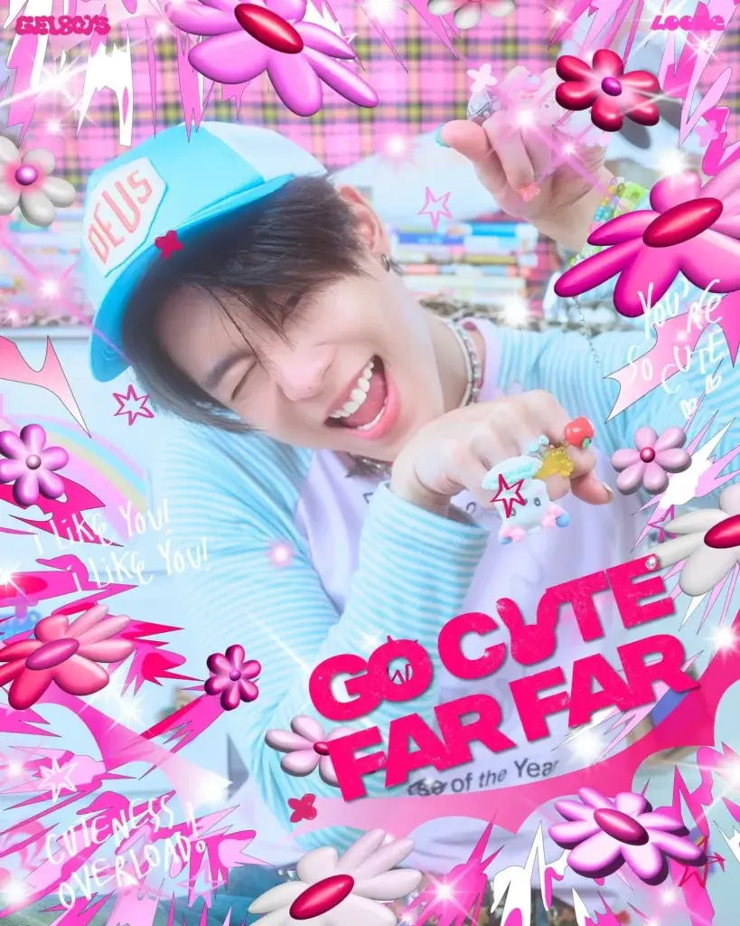Smiling person in a light blue cap, set against a bright pink, cartoonish collage of flowers, stars, and sparkles for a playful, joyful vibe.