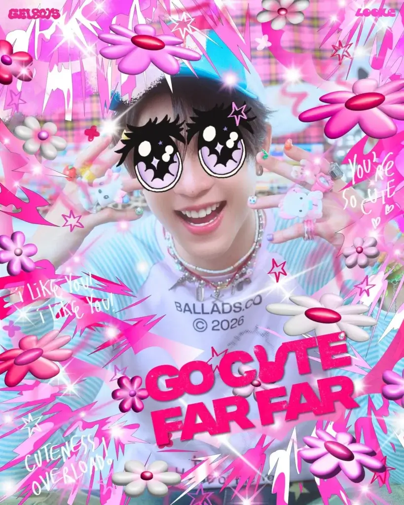 Person smiling at the camera with large cartoon eyes overlay and a bright pink, flower-filled collage background.