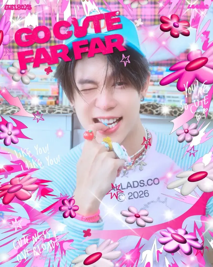 Young person smiling while eating candy, surrounded by bright pink decorative graphics and flowers in a vibrant collage background.