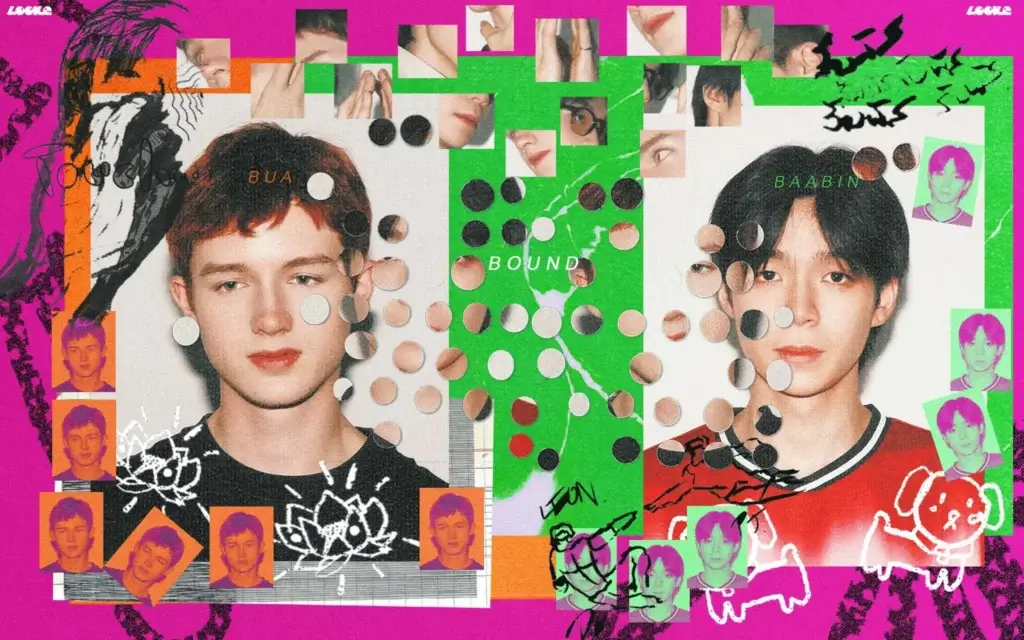 Two young men photographed side by side in a bright, collage-style poster with pink, green, and orange blocks and many circular dots overlaid.