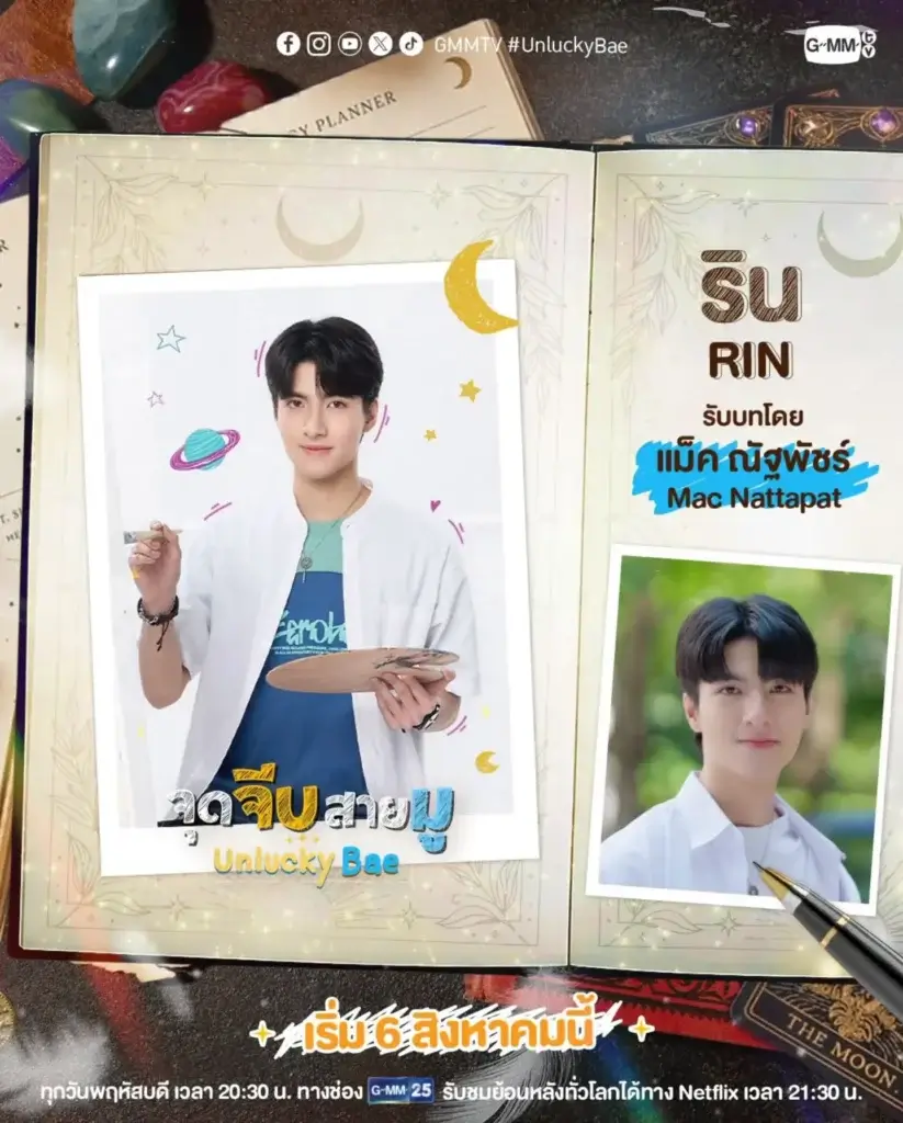 Open magazine spread featuring a portrait of a smiling young man in a white jacket; page titled Unlucky Bae with decorative stars and planets around him.